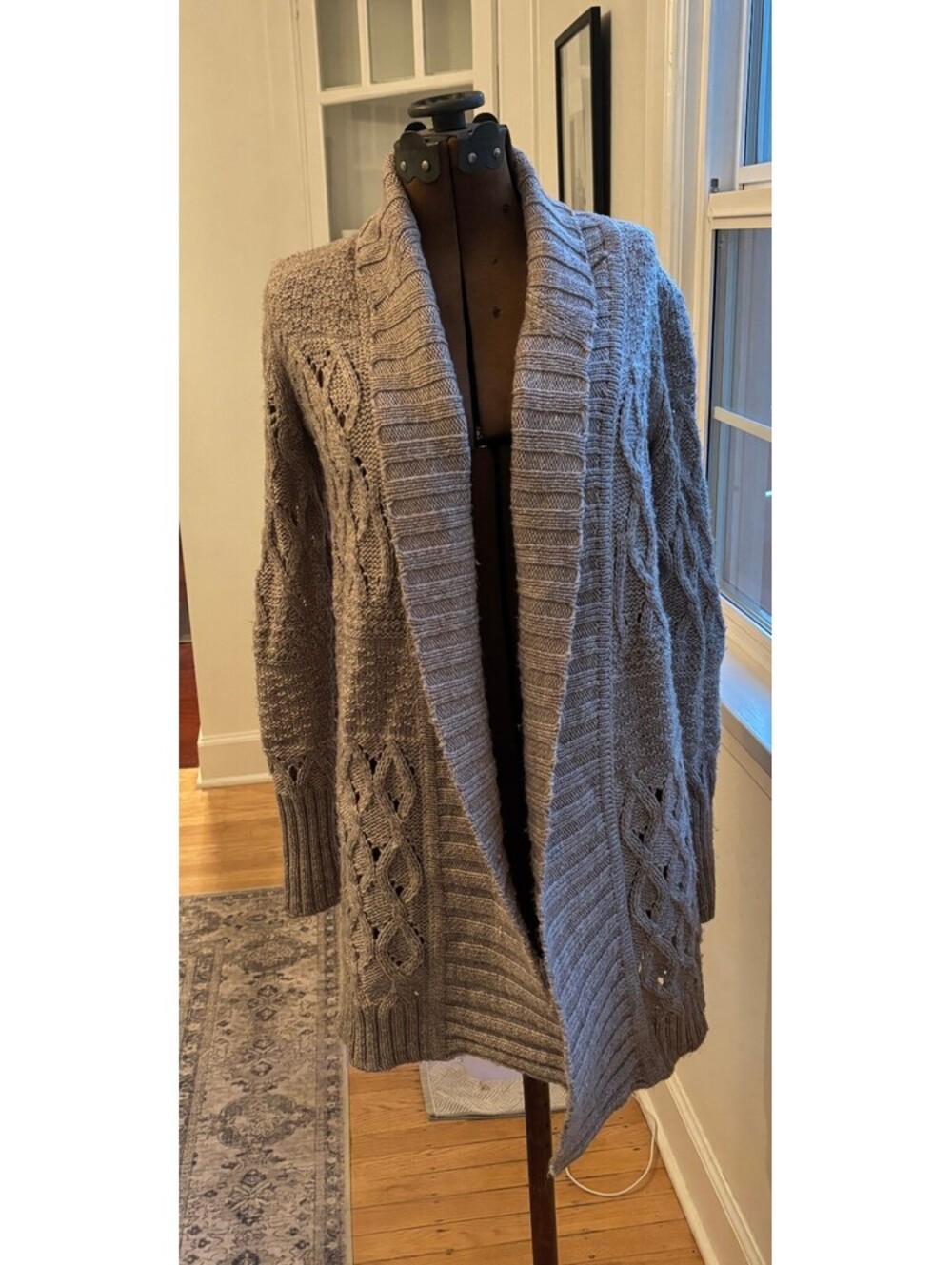 American Eagle Small Taupe Cable Knit Shawl Cardigan Wool Blend (2136)